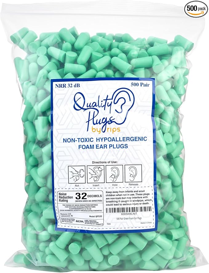 Quality Foam Ear Plugs 500 Pair - 32 dB Disposable Noise Cancelling High Decibel Sound Blocking Soft Ear Plugs - Dispenser Refill Safety Hearing Protection Bulk Ear Protection