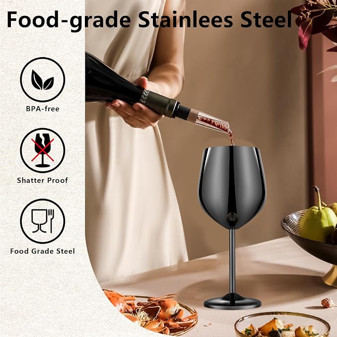 UNISWEET Unbreakable Stainless Steel Wine Glasses Set of 4, Mirror Black | 17oz Unique Fancy Metal Wine Goblets, Shatterproof, Ideal for Outdoor, Camping, Travel, Pool, Great Gift for Wine Lovers