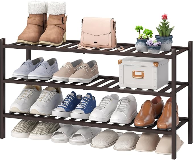 viewcare Long Shoe Rack, Bamboo Wood Shoe Rack for Closet, Entryway & Hallway, 3-Tier Stackable Shoe Shelf