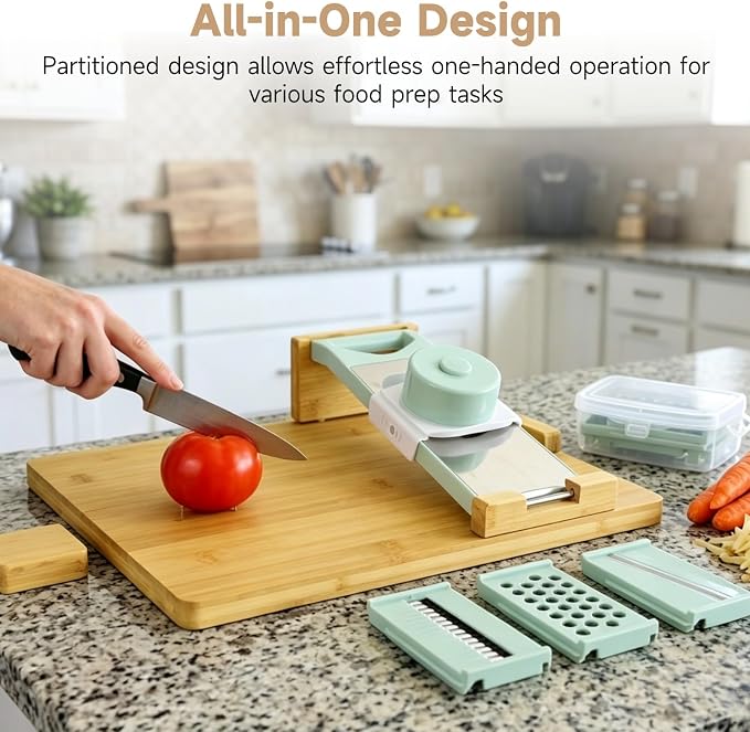 One-Handed Wooden Cutting Board with Grater and Peeler, 6 Interchangeable Grater Blades, 16.5 x 12.6 in, Adaptive Design for Safe Food Preparation, Single-Handed Operation for Seniors Disabled Cooking