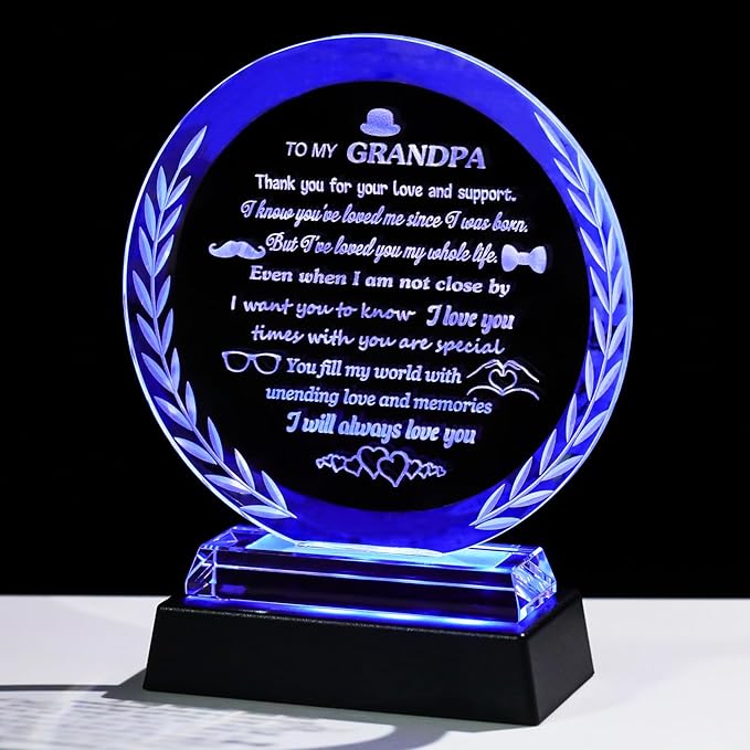 Arikyrist Fathers Day Birthday Gifts for Grandpa Glass Presents to My Grandpa with LED Light Base Best Grandpa Ever Gifts for Christmas