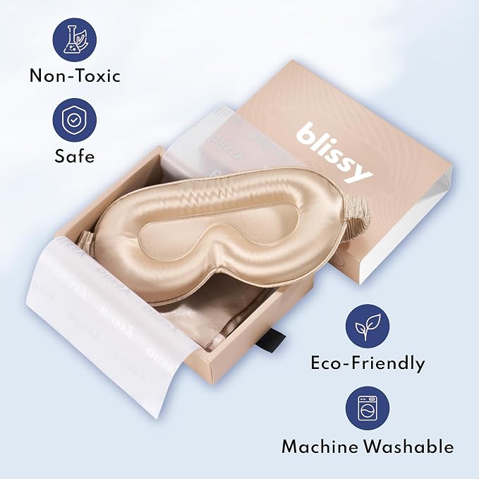Blissy Silk Sleep Mask Profile - 100% Pure Mulberry Silk 22 Momme 6A Fibers Silk Eye Sleeping Mask for Women & Men for Total Blackout - Blindfold Silk Sleep Mask Side Sleeper Eye Cover (Champagne)