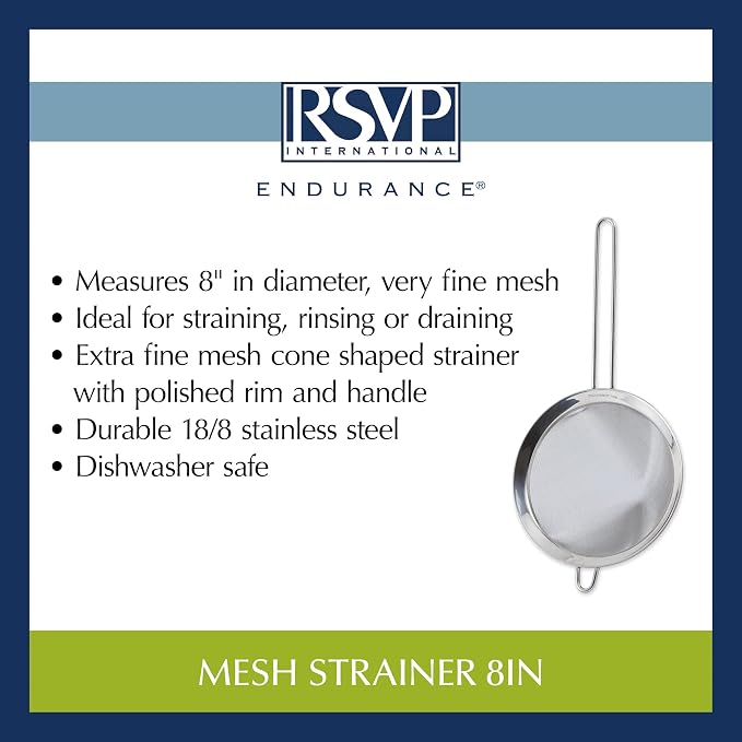 RSVP International Endurance Kitchen Collection, Stainless Steel Fine Mesh Conical Sieve/Colander, Multi-Purpose for Cooking, Baking, Loose Leaf Tea, Bar Strainer Cocktails, 8-Inch