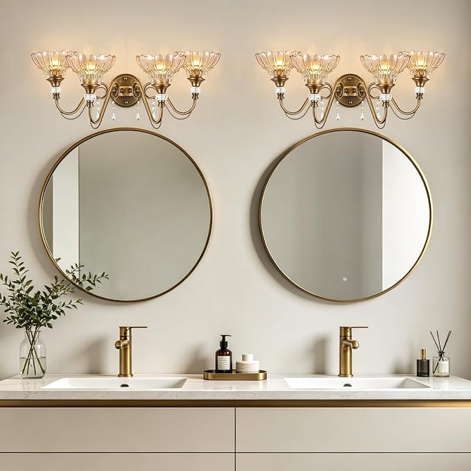 Vintage Bathroom Vanity Light, 4-Light Matte Antique Brass Finish Wall Sconce with Hanging Crystal Accents and Flower-Shaped Amber Glass Shades, Retro Wall Mount Vanity Light Over Mirror for Bathroom