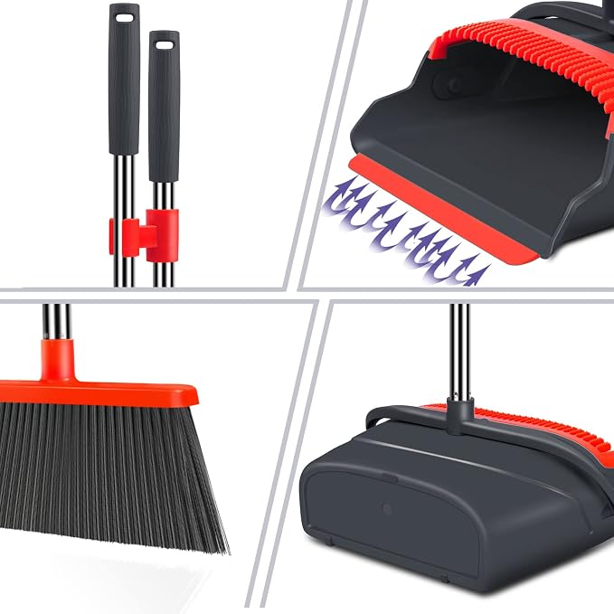 Upgrade Broom and Dustpan Set, Broom with Dustpan Combo Set, Large Size and with Long Handle, Upright,Ideal for Indoor Outdoor Garage Kitchen Room Office Lobby Use (Black&Red)