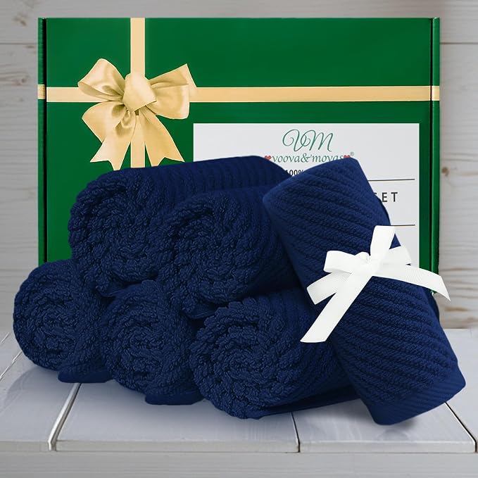 VOOVA & MOVAS Wash Cloths 6PC, 100% Cotton, 13x13 in, Navy Blue | Thick, Quick Dry, Soft, Absorbent, Wash Cloths For Bathroom & Showering, Towel Gift Set