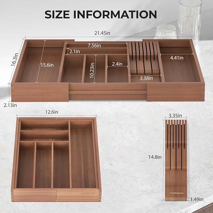 TIOPGHAD Bamboo-Silverware-Drawer-Organizer-Kitchen, Expandable Utensil Holder Cutlery Tray Flatware Organization Adjustable Wood Tableware Dividers Storage (with Removable Knife Block)(Brown)