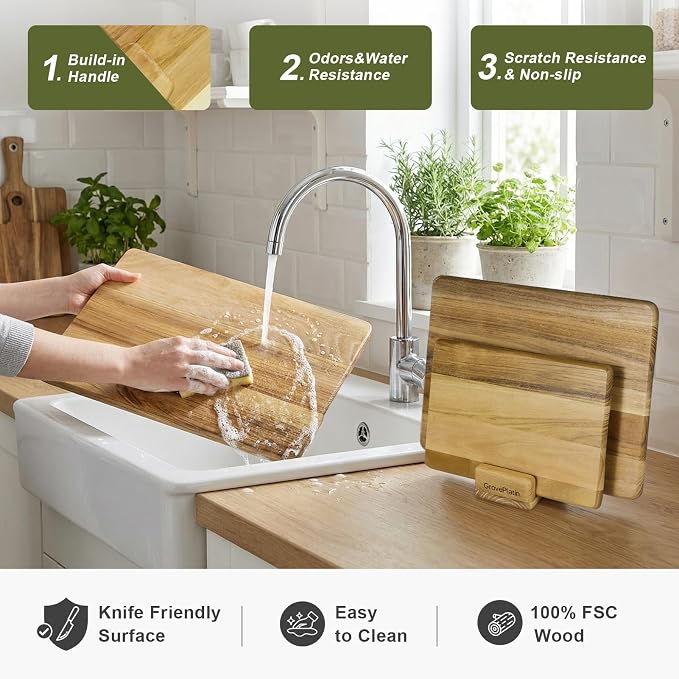 Teak Wood Cutting Boards for Kitchen (Set of 3), No Juice Groove Chopping Board Charcuterie Cheese Board with Storage Stand