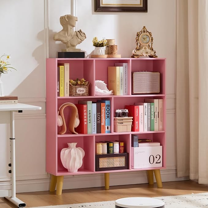 LEYAOYAO 8 Cube Bookshelf,Mid-Century Modern Bookcase with Legs,Light Pink | 3 Tier Book Shelf,Rustic Wood Bookshelves Freestanding Large Storage Organizer, Open Shelves for Bedroom, Living Room, Office