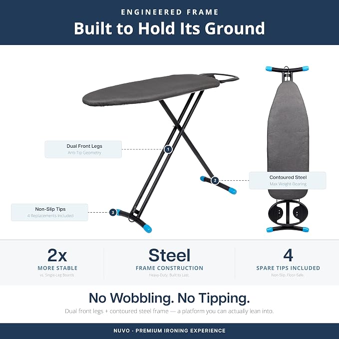 NUVO 36" Black Ironing Board with Iron Rest, Hanging Hook & Silicone Pad | Compact 36-inch ironing board with sturdy legs, 4-layer cover pad, iron rest, hanging hook, and silicone pad for easy storage