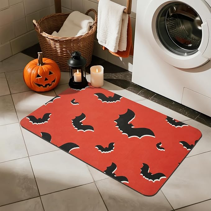 TYUU Halloween Bath Mat, Thin Halloween Bathroom Rug Non Slip Quick Dry Bat Bath Mat Fits Under Door Thin Floor Mat Halloween Decor, 17''x30'', Gothic Bats Orange