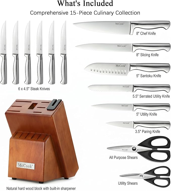 McCook Kitchen Knife Set 15PC Knife Block Set w Built-in Sharpener | German Forged Stainless Steel,Razor Sharp,15 PC, Anti-Rust,Restaurant Grade,Ergonomic Handles,Full Tang,Gift Box