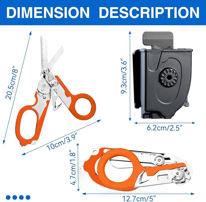 Heavy Duty 6 in 1 Multifunctional Trauma Shears Foldable | Stainless Steel emergency response scissors | Survival Shears with Holster | Medical Trauma shears Tactical With Strap Cutter | Orange