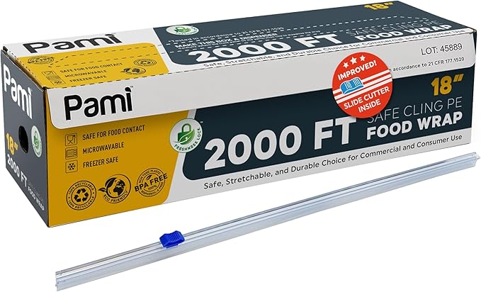 PAMI Plastic Food Wrap 18” x 2000 FT with Slide Cutter – Safe Cling Stretch Film, BPA Free, Microwave & Freezer Safe, Durable Food Storage Wrap for Home & Commercial Use