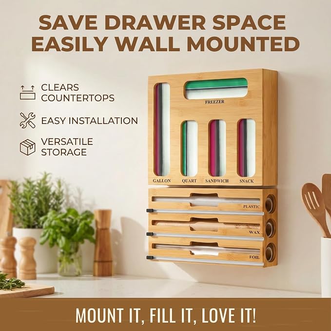 9 in 1 Storage Bag Organizer for Kitchen Drawer, Bamboo Foil and Plastic Wrap with Cutter, Ziplock Bag Organizer for Quart, Gallon, Sandwich & Snack Bags - Aluminum Foil Organizer