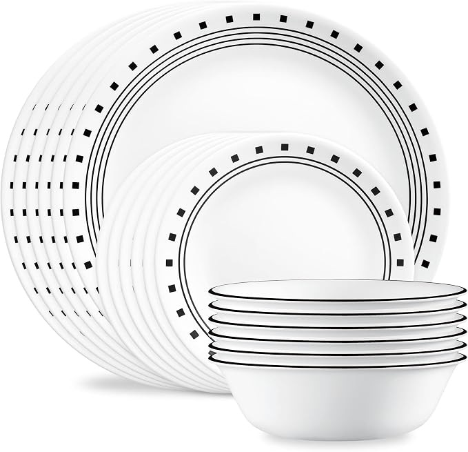 Corelle Vitrelle 18-Piece Service for 6 Dinnerware Set Triple Layer Glass and Chip Resistant, Lightweight Round Plates and Bowls Set, City Block