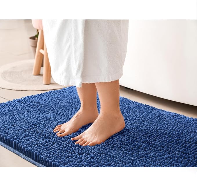 LOCHAS Luxury Bathroom Rug Shaggy Bath Mat 24 x 36 Inch, Blue | Washable Non Slip Bath Rugs for Bathroom Shower, Soft Plush Chenille Absorbent Carpets
