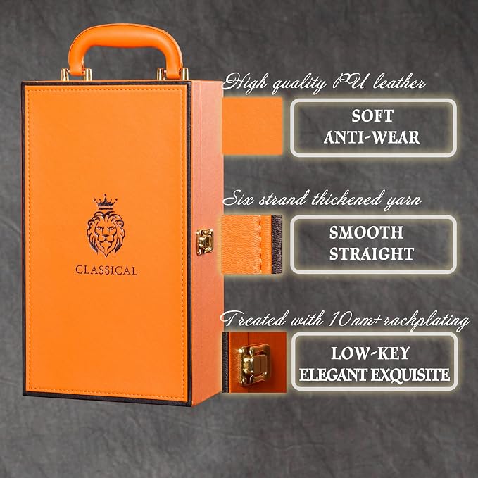 Wine Box with 2 Bottle Leatherette Top Handle Premium Wine Carrier Case Orange