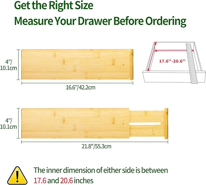 VaeFae 6 Pack Bamboo Drawer Dividers, 4" High Adjustable 16.6" - 21.8" Clothes Drawer Organizers, Expandable Separators for Bedroom/Bathroom/Kitchen/Office Storage