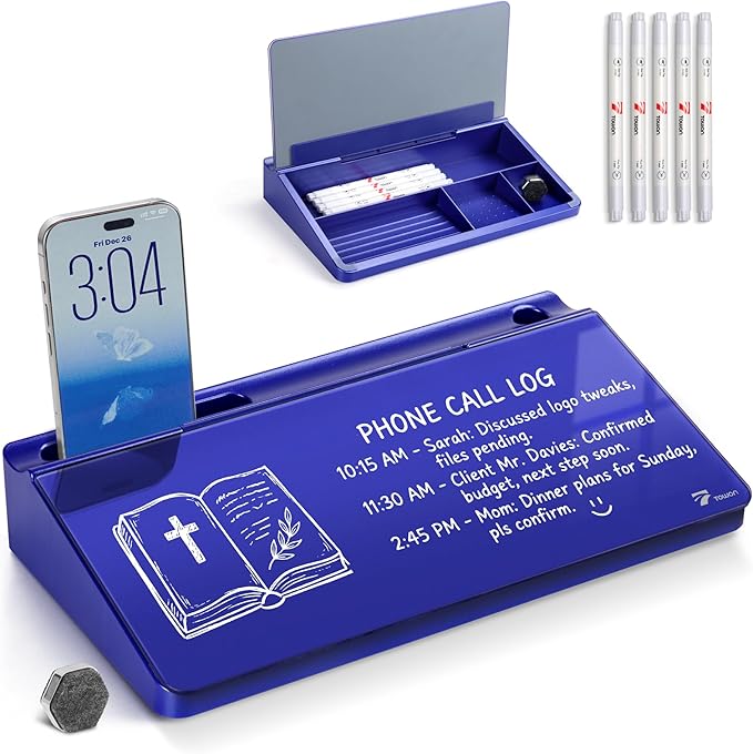 TOWON Navy Small Compact Glass Desktop Whiteboard with Storage, 12 x 7 Inches, Glossy Metallic Paint Mirror Finish Dry Erase Board, Includes 5 Markers, Eraser & Holder for Office Homeschooling Décor