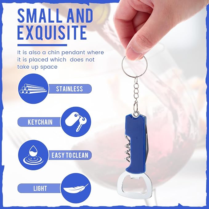 24 Pcs Bottle Opener Keychain Bulk Wine Bottle Beer Opener Keychain 3.27" Stainless Steel Corkscrew Waiter Corkscrew Wine Keyring Gifts for Christmas Bar Party Wedding Home (Blue)