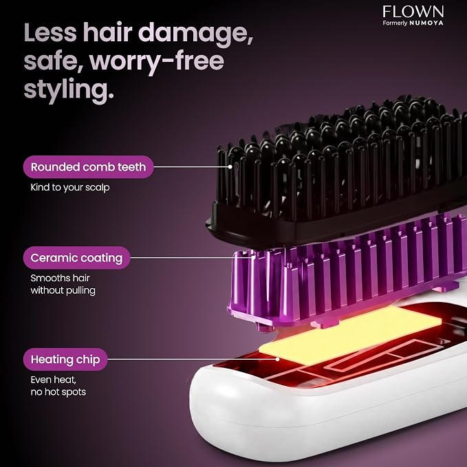 flown® Original Go Brush PRO [Five Minutes Hair Styling Routine] - No Damage Heat Brush with USB-C Charger - Electric Travel Pocket Brush for All Hair Types - White (Formerly Numoya)