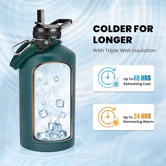 RAYMYLO One Gallon Water Bottle Insulated, Triple Walled Vacuum Stainless Steel (Cold for 48 Hrs), Leak Proof & Non-BPA, Large Water Flask Jug with Paracord Handle & Straw Spout Lids