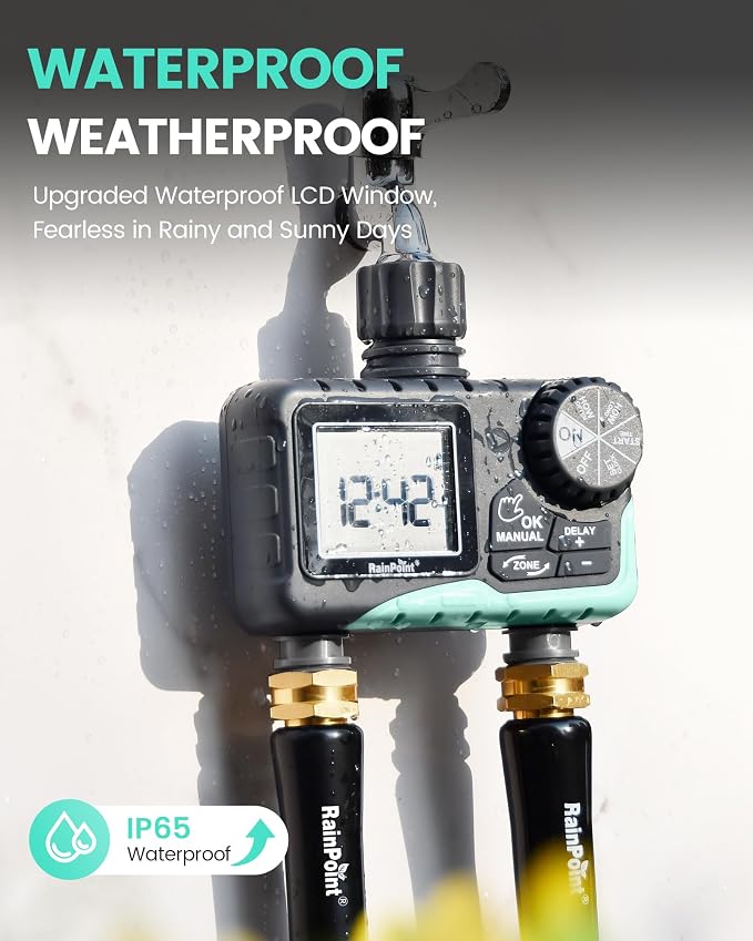 RAINPOINT Sprinkler Timer 2 Outlet, Water Timer for Garden Hose, Programmable Drip Irrigation for Yard Outdoor Watering, Rain Delay/Manual/Automatic System Controller 2.5" LCD, V2
