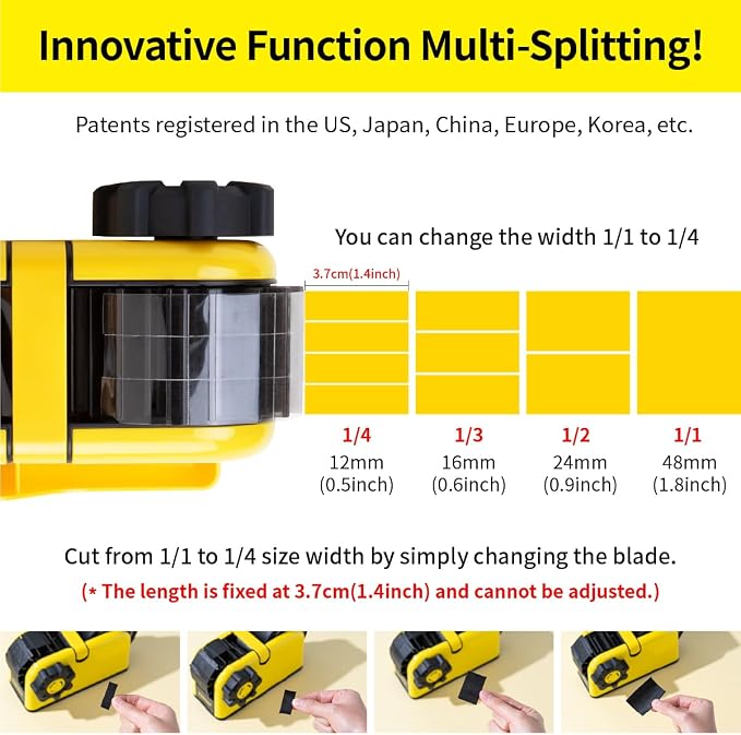 [TENDO°] TENDO Multi-Section Tape Dispenser, Custom Width Tape Cutter with 4 Cutting Sections, Built-in Safety Blade, Ergonomic Grip for Packing and Office Use, ZO-508(Yellow)