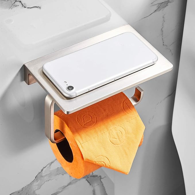 Toilet Roll Paper Holder Bathroom Solid Brass and Superior Hotel Style Wall Mount Tissue Roll Holder with Phone Shelf Brushed Nickel Finished