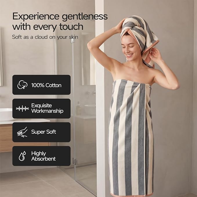 REDKISS 2 Pack Extra Large Striped Bath Towels, 31 x 63 Inches, 100% Cotton, Larger & Quicker to Dry, Super Soft and Highly Absorbent Towel, Perfect for Bathroom, Grey