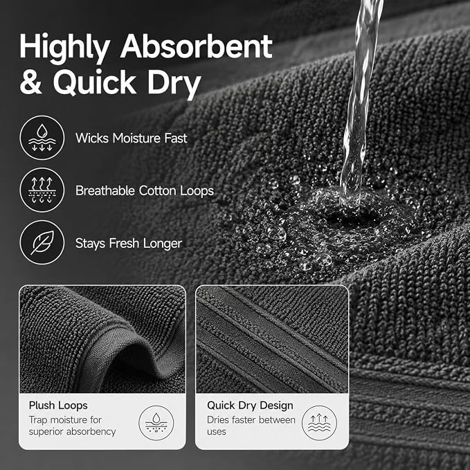 REDKISS Dark Gray Towels Set 6 Piece Cotton Towel Sets with 2 Bath Towels, 2 Hand, 2 Washcloths, 650GSM Hotel Quality, Soft, Highly Absorbent Towels for Bathroom Gym, Ideal Everyday Use