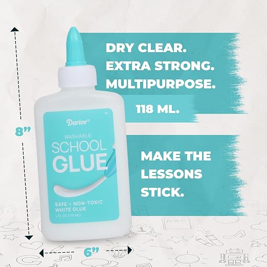 Darice Washable School Glue 4oz - 24-Pack White Liquid Glues for Kids - Extra-Strong for Slime, Arts and Crafts, Back to School Supplies - Glue Bottle with Adjustable Twist Closure