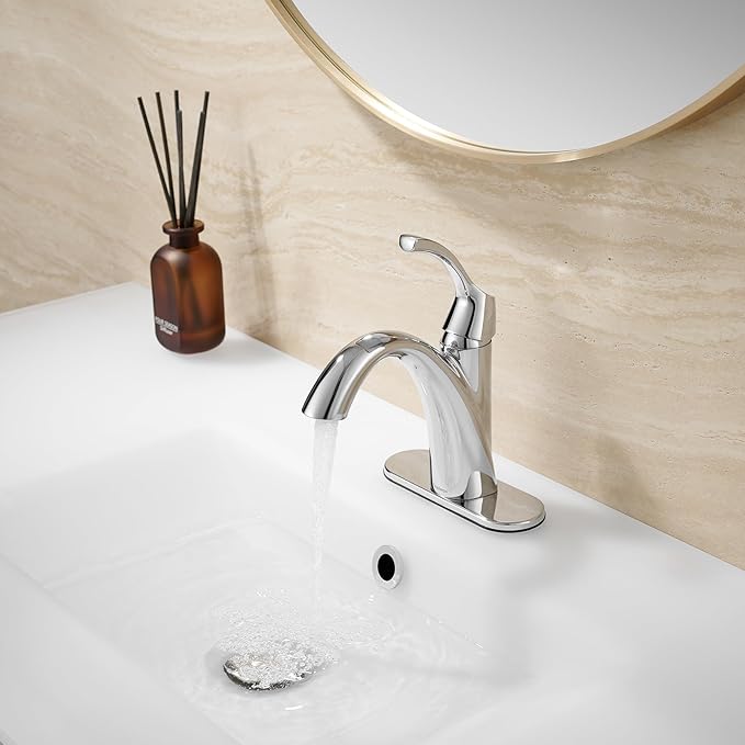 TimeArrow Chrome Bathroom Faucet, Single Handle Bathroom Sink Faucet for 1 Hole with 3 Holes Deck Plate, Lavatory Vanity Faucets, Pop Up Drain and Water Supply Lines Included, TAF206-CP
