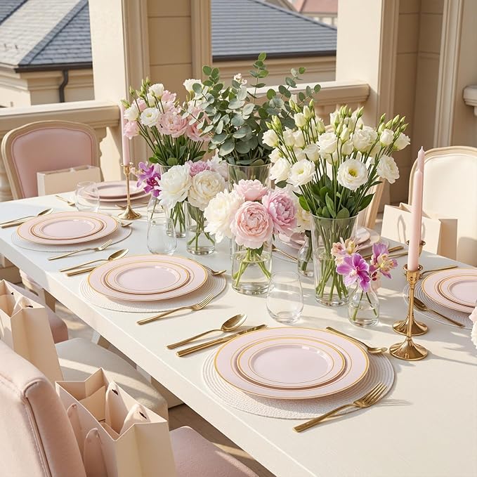 WDF Partyware 350PCS Pink Disposable Plates - Pink Plastic Plates 50Guests Plastic Dinnerware Sets with Rolled Napkins for Wedding/Birthday/Baby shower