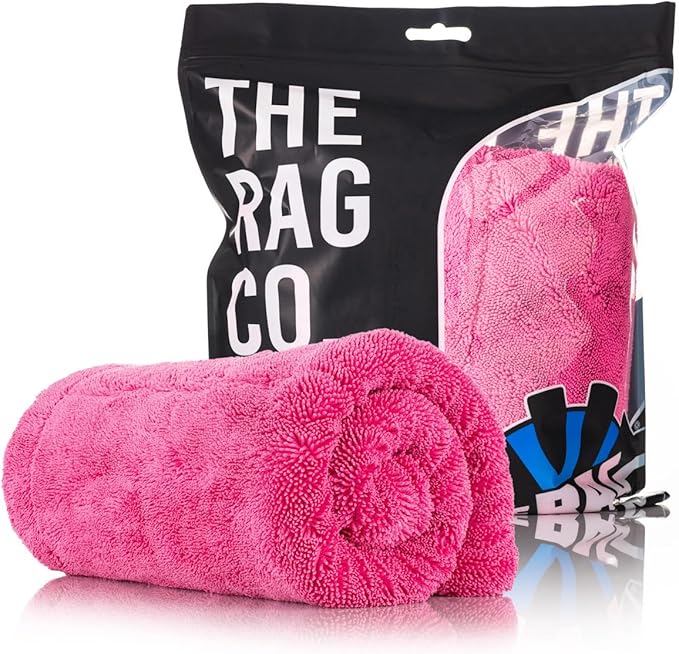 The Rag Company, The Liquid8r M22, Absorbent 70/30 Blend Microfiber Drying Towel for Cars, Trucks, and SUVs, Safe for Detailing, Scratch-Free, Twist Loop, 2200 GSM, 20x20 Inches, Pink