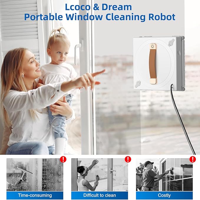 Lcoco&Dream Window Cleaning Robot 3000Pa Suction, Automatic Glass Cleaner with Dual Water Spray and with Automatic Anti Fall Protection Smart Cleaning Paths for Windows Tiles Marble and Wood