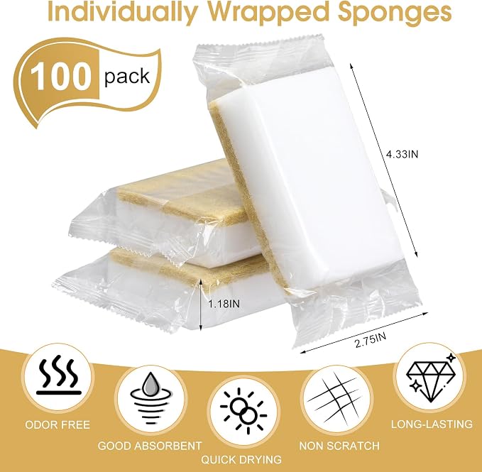 Tioncy 100 Pcs Individually Wrapped Sponges Kitchen Bulk Brown Dish Non Scratch Scrub Sponges Dual Sided Cleaning Dish Scrubber for Washing Dishes, Pots, Pans, Sinks, Stoves, Appliances, Car, Bike