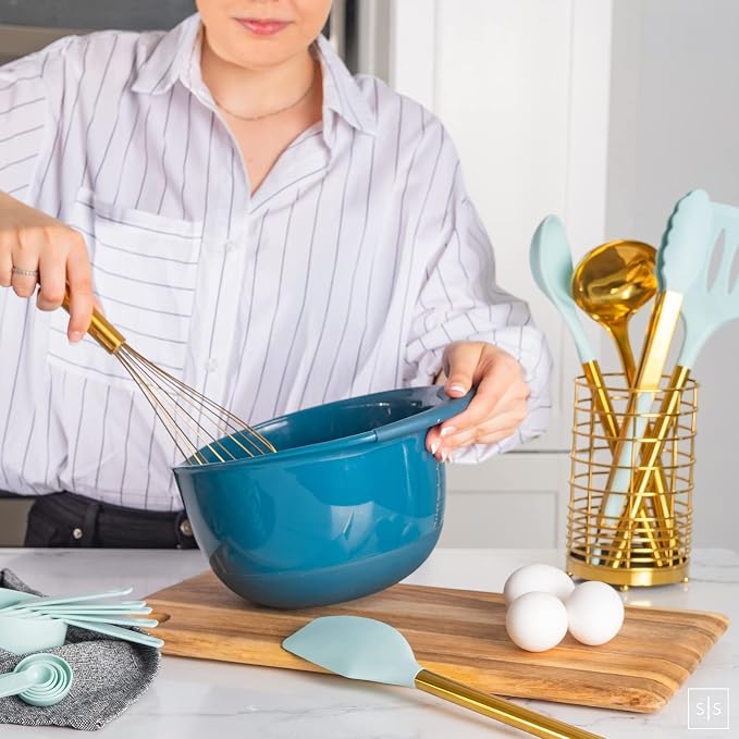 Teal Blue Kitchen Utensils Set with Holder – 17-Piece Nonstick Safe Cooking Utensils with Gold Utensil Holder – Stylish Teal Blue Kitchen Accessories for Cooking and Baking