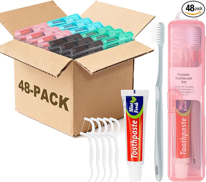 Travel Toothbrush Kit Includes Travel-Sized Toothbrushes, 25g Travel Toothpaste, 5 Floss Picks, a Travel Toothbrush Holder, Ideal for Home, Hotels (Blue, Green, Pink, Black, 48-Pack)