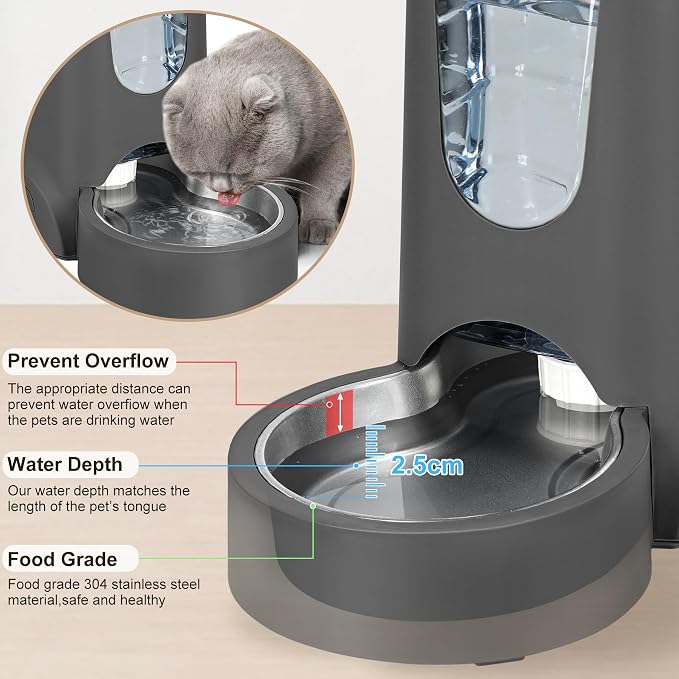 2 Pack Automatic Cat Feeder and Gravity Stainless Steel Water Dispenser, Dog Food Feeder and Waterer Set for Small Medium Puppy Kitten Pets (1 Gallon x 2, Gray)
