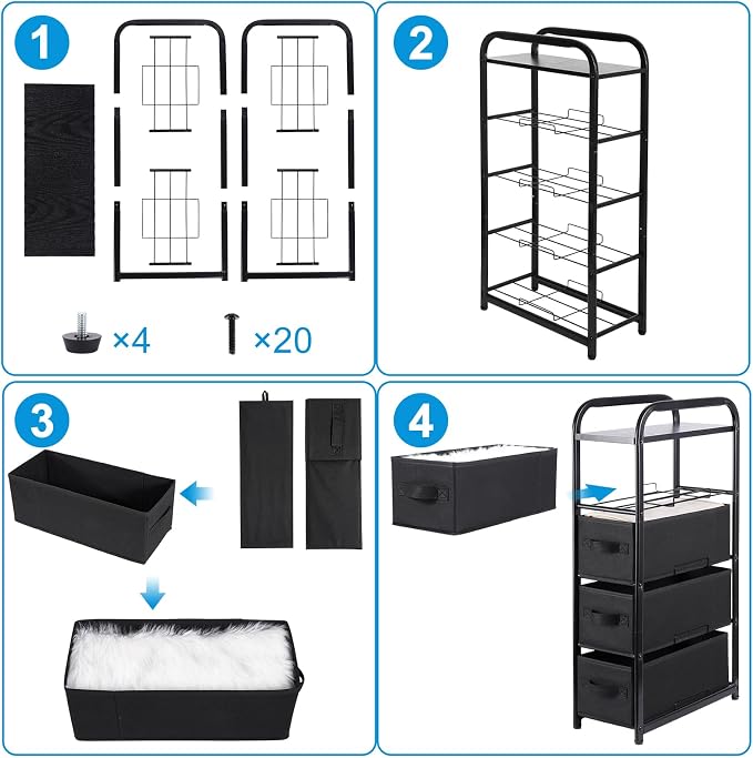 MAX Houser 4 Drawer Narrow Dresser Fabric Storage Tower Vertical Slim Storage Chest Organizer Nightstand Side/End Table Small Standing Organizer Removable Drawers Wood Top for Bedroom, Bathroom（Black