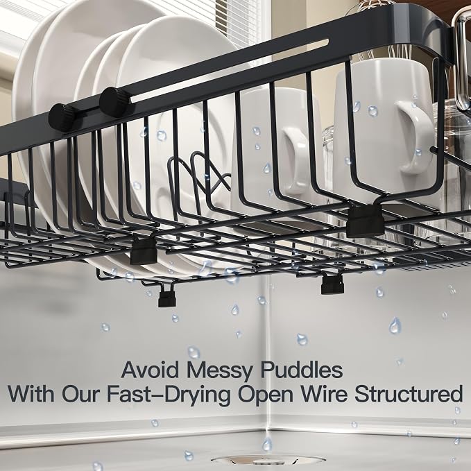 Grey Dish Drying Rack Over The Sink with Utensil Holder | Expandable Stainless Steel Dish Drainer for Small Kitchen, Apartment, RV, Counter Space Saving, Perfect Fit, Rustproof