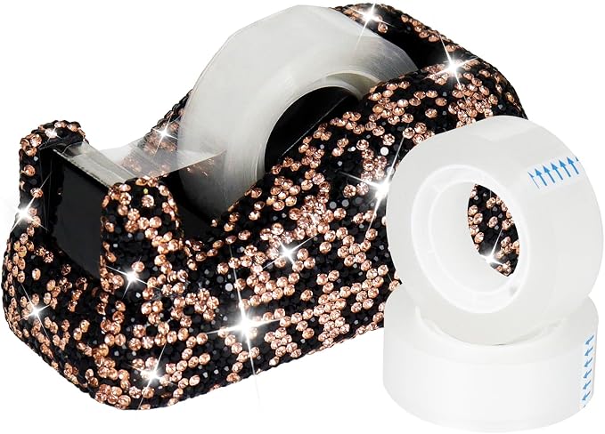 Buqoo Black Bling Rhinestones Tape Dispenser, Crystal Sparkly Handmade Diamond Desktop Tape Dispenser for Desk, Glitter Tape Holder Cutter for School Home N Office Supplies