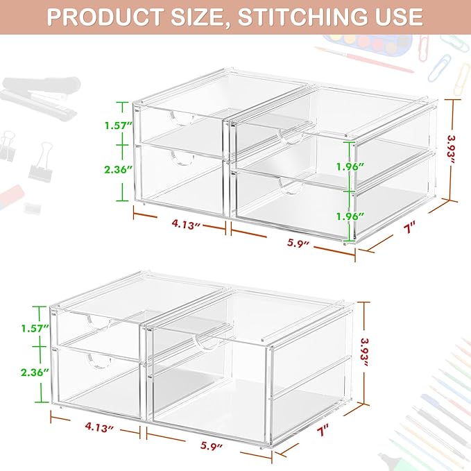 caktraie 2 Pack Desk Organizers, Makeup Organizer Storage with 7 Drawers, Desktop Office Supplies, Clear Desk Accessories, Dustproof Drawer Organizer and Storage for Make Up, Jewelry, Pen