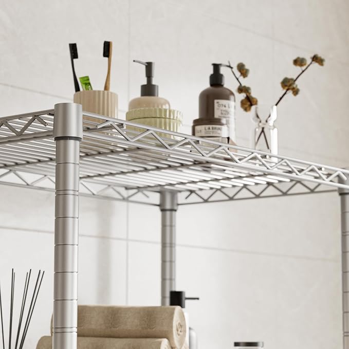 Golpart 4 Tier Shelves Storage Shelf Wire Closet Bathroom Organizers Metal Pantry Kitchen Garage Shelving Unit Laundry Room Organization Home Rack Net Basket White with Wheels 14”D X 24”W X 48.9”H