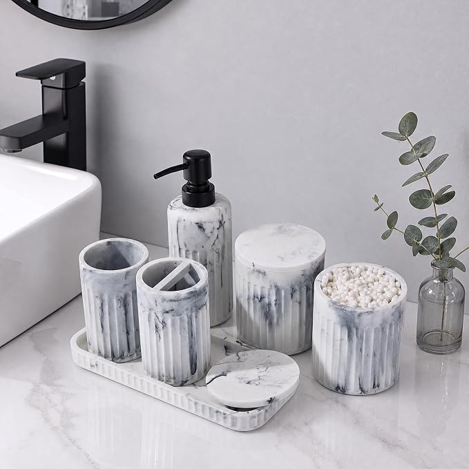INIUNIK Bathroom Accessory Set, 6 Pieces, Marble White | Resin, Bathroom Accessories Set, with Soap Dispenser Set, Toothbrush Holders, Tumbler, Vanity Tray & 2 Qtip Holder