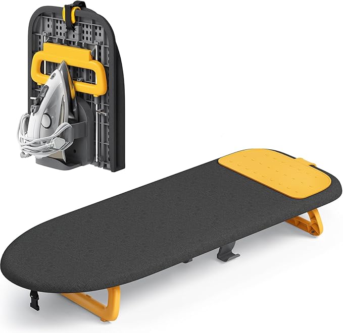 KINGBOARD Tabletop Ironing Board, Small Ironing Board with Iron Holder, Foldable Mini Iron Board, Easy Storage for Travel & Dorm, 12x32 Black & Orange