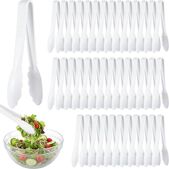 Tessco for you 50 Pcs Plastic Tongs for Serving Bulk, 9 Inch Plastic Disposable Serving Tongs, Heavy Duty Salad Tong for Kitchen, Buffet, BBQ, Events & Catering (White)