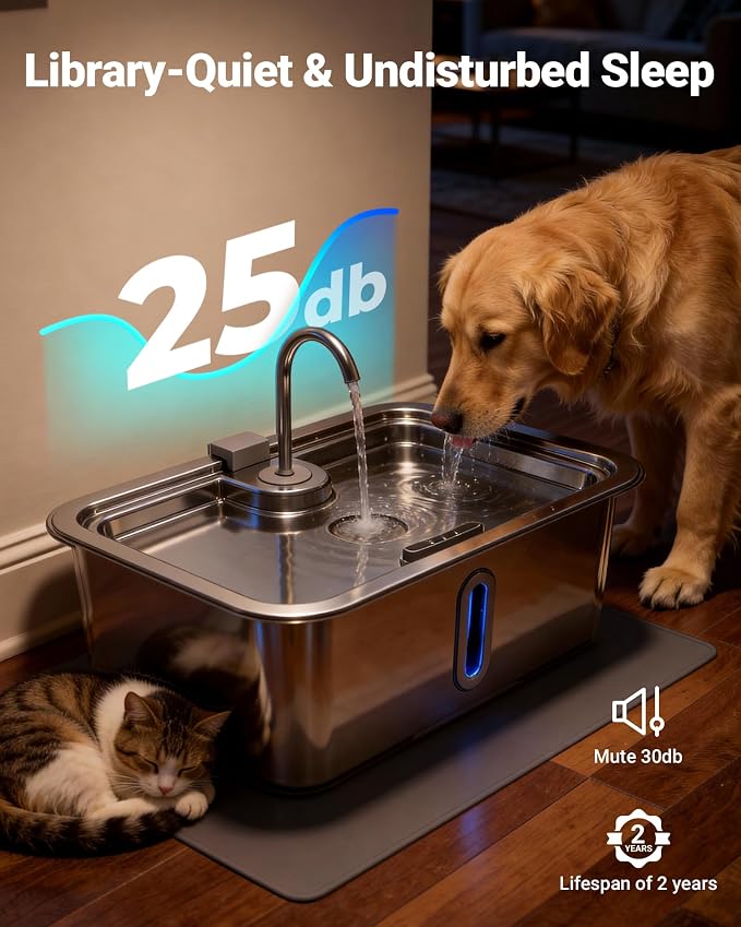 3.96Gal/15L Large Dog Water Fountain with Pet Feeding Mat and 3 Filters | Stainless Steel Pet Water Fountain for Dogs Cats, Dog Water Bowl Dispenser with Visible Window, Alert Light, Quiet Pump